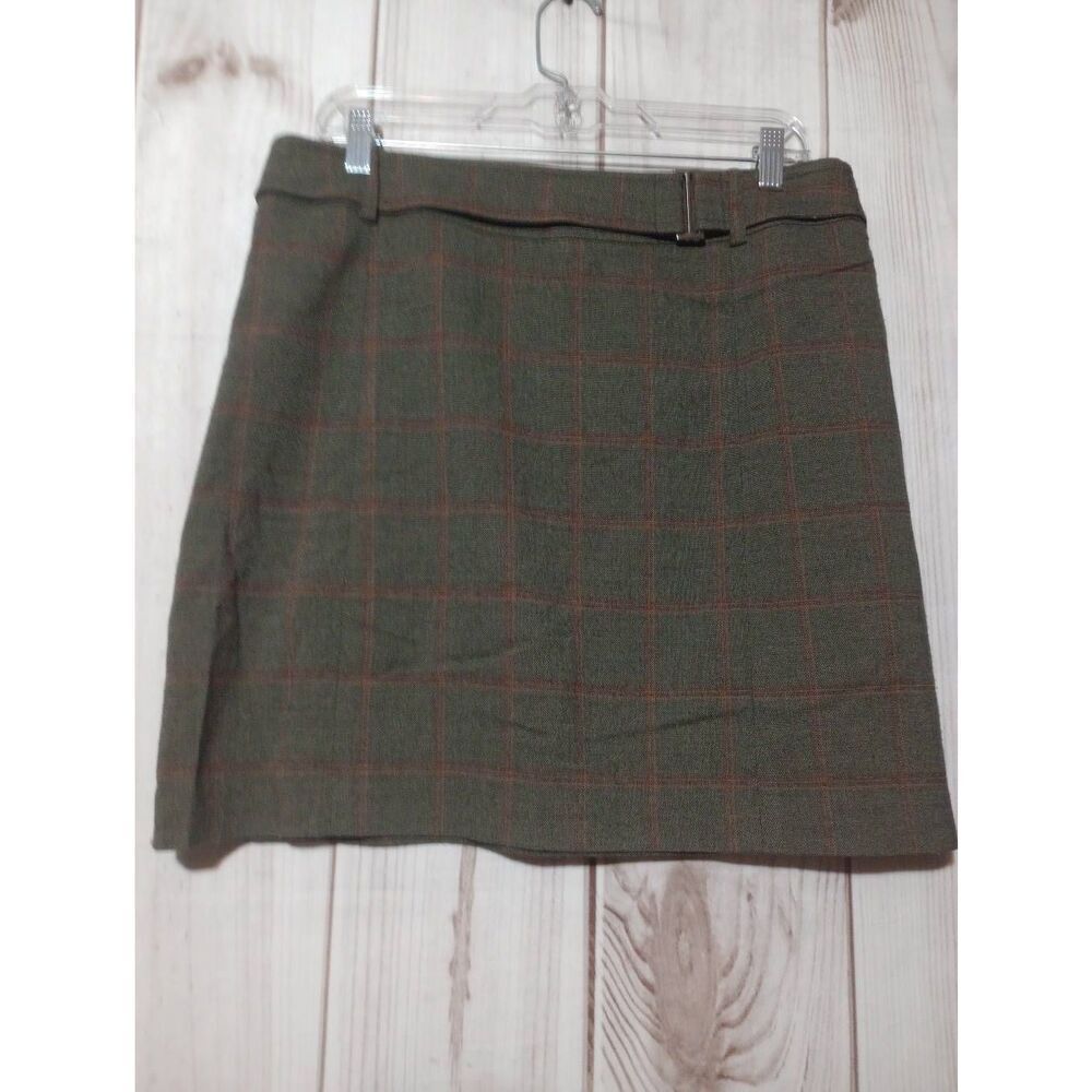 New York & Company City Stretch Plaid Mini Skirt Grey Orange‎ 10 Buckle Detail